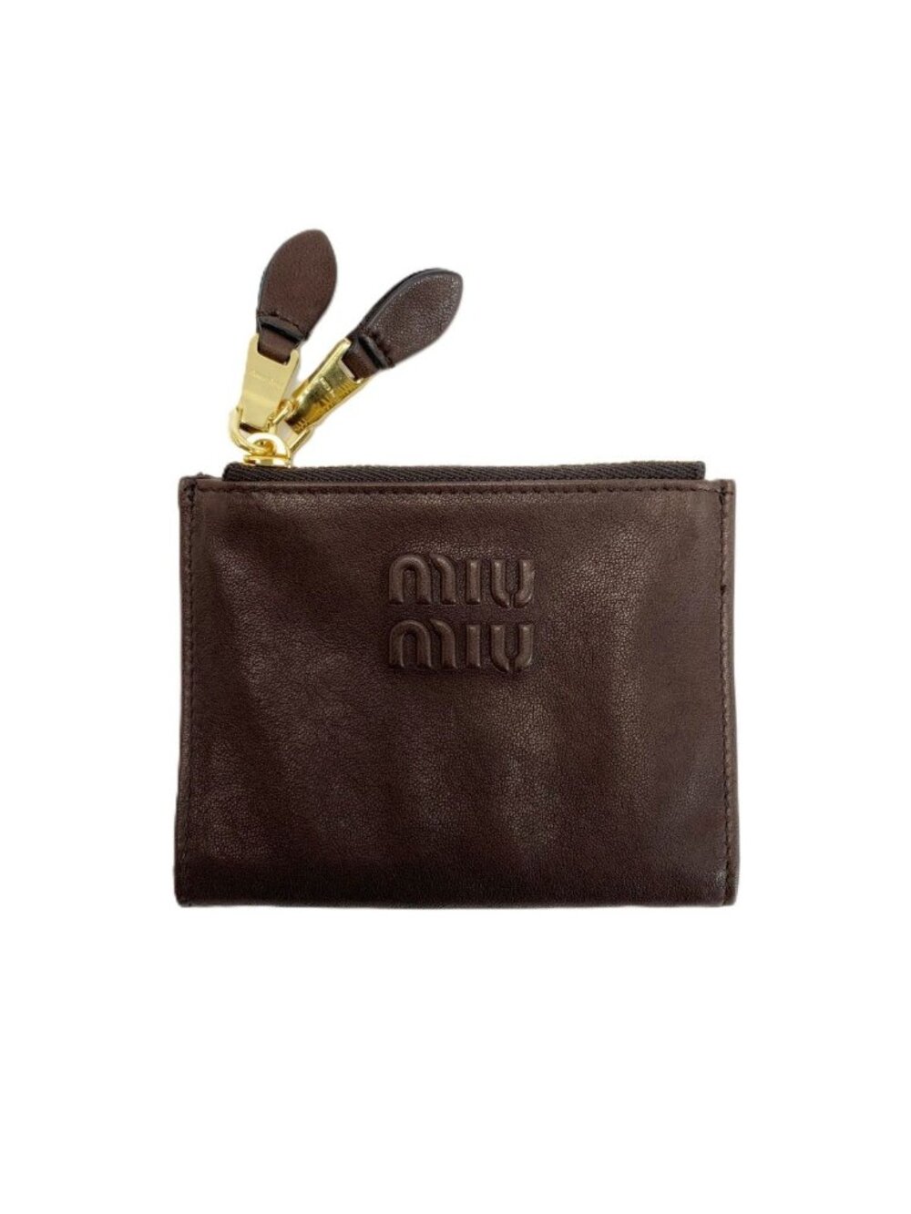 Miu Miu Nappa Leather Double Zipper Brown Bifold Wallet Gold
